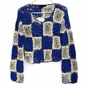 Zara Blue and Cream Crochet Top with Sequins